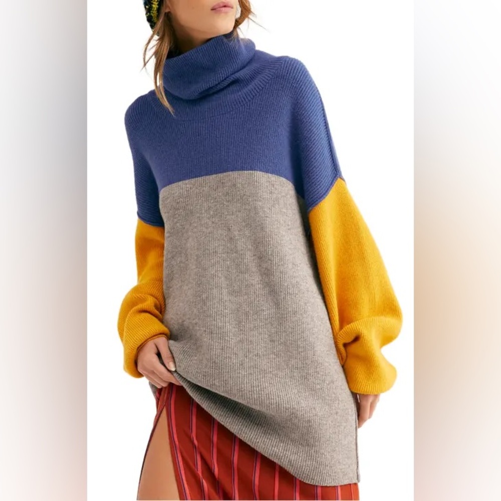 Free People Color Block Turtleneck Ribbed Sweater